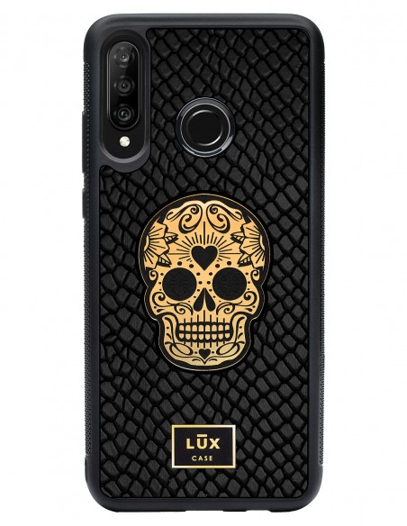 Etui premium skórzane, case na smartfon HUAWEI P30 LITE. Skóra iguana czarna ze złotą blaszką i złotą czaszką.