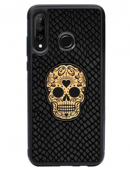 Etui premium skórzane, case na smartfon HUAWEI P30 LITE. Skóra iguana czarna ze złotą czaszką.