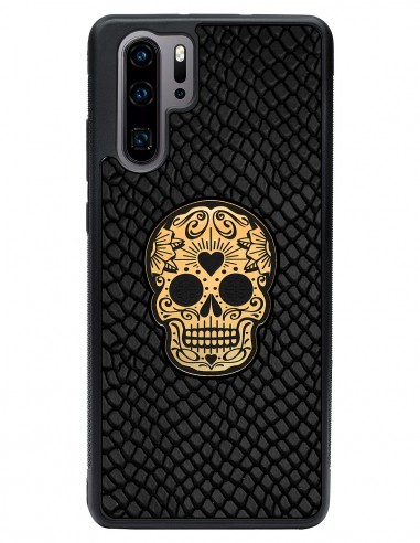 Etui premium skórzane, case na smartfon HUAWEI P30 PRO. Skóra iguana czarna ze złotą czaszką.