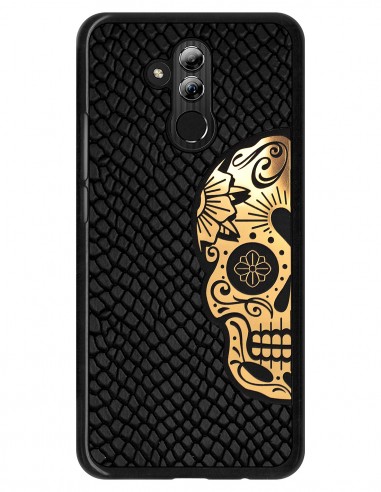 Etui premium skórzane, case na smartfon HUAWEI MATE 20 LITE. Skóra iguana czarna ze złotą czaszką.