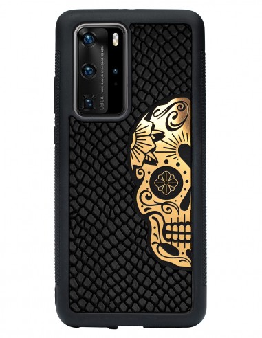 Etui premium skórzane, case na smartfon HUAWEI P40 PRO. Skóra iguana czarna ze złotą czaszką.