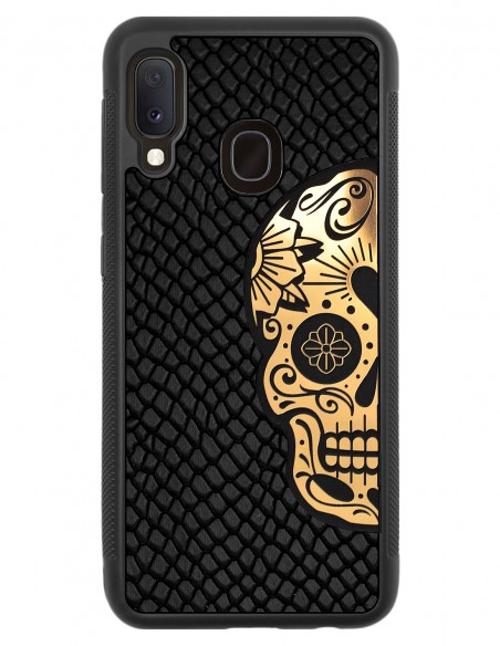 Etui premium skórzane, case na smartfon SAMSUNG GALAXY A20E. Skóra iguana czarna ze złotą blaszką i czaszką.