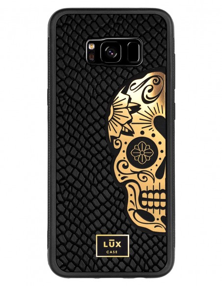 Etui premium skórzane, case na smartfon SAMSUNG GALAXY S8 PLUS. Skóra iguana czarna ze złotą blaszką i czaszką.