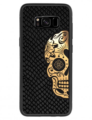 Etui premium skórzane, case na smartfon SAMSUNG GALAXY S8. Skóra iguana czarna ze złotą czaszką.