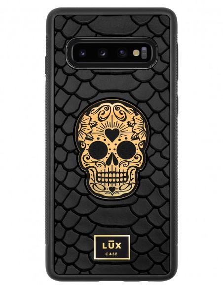 Etui premium skórzane, case na smartfon SAMSUNG GALAXY S10. Skóra python czarna mat ze złotą blaszką i złotą czaszką.