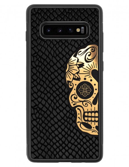 Etui premium skórzane, case na smartfon SAMSUNG GALAXY S10 PLUS. Skóra iguana czarna ze złotą czaszką.