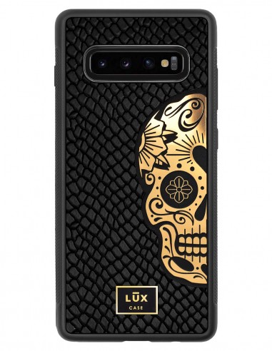 Etui premium skórzane, case na smartfon SAMSUNG GALAXY S10 PLUS. Skóra iguana czarna ze złotą blaszką i czaszką.