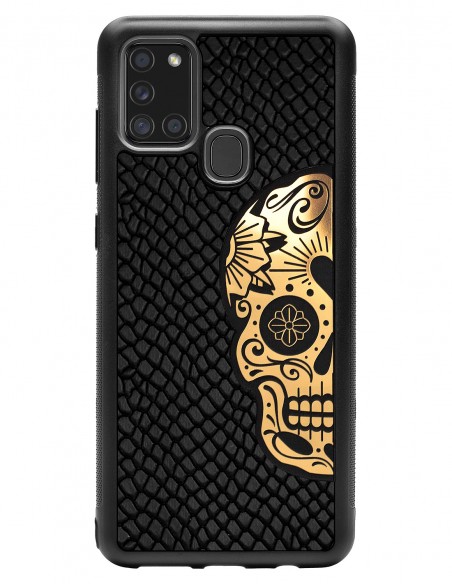 Etui premium skórzane, case na smartfon SAMSUNG GALAXY A21S. Skóra iguana czarna ze złotą czaszką.