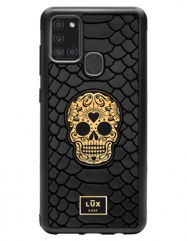 Etui premium skórzane, case na smartfon SAMSUNG GALAXY A21S. Skóra python czarna mat ze złotą blaszką i złotą czaszką.