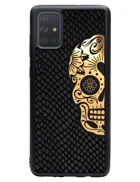 Etui premium skórzane, case na smartfon SAMSUNG GALAXY A71. Skóra iguana czarna ze złotą czaszką.