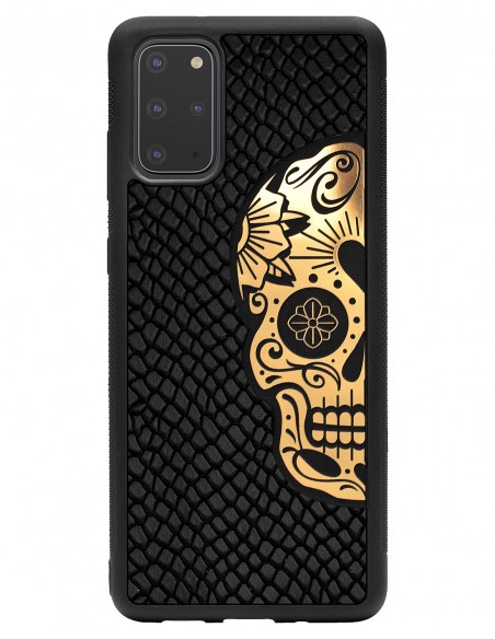 Etui premium skórzane, case na smartfon SAMSUNG GALAXY S20 PLUS. Skóra iguana czarna ze złotą czaszką.