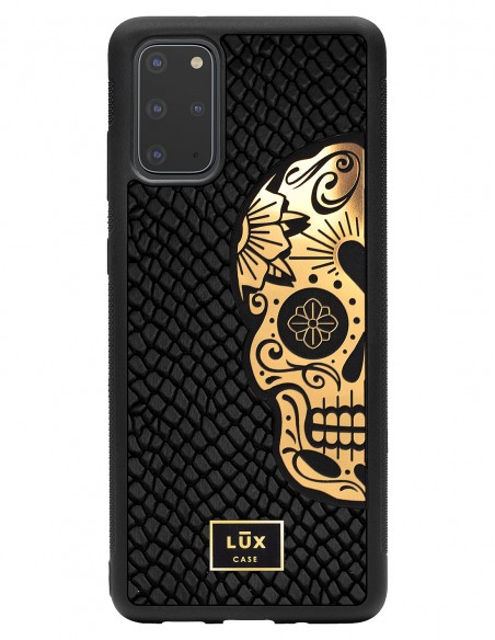 Etui premium skórzane, case na smartfon SAMSUNG GALAXY S20 PLUS. Skóra iguana czarna ze złotą blaszką i czaszką.