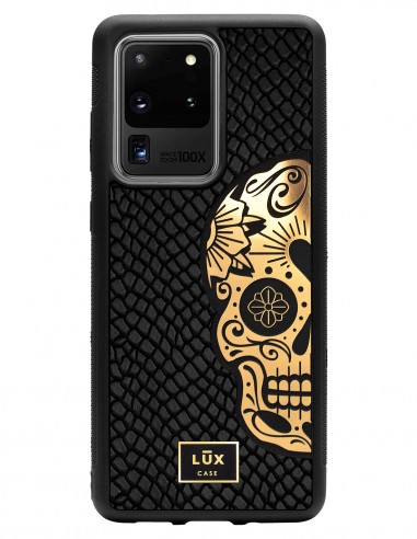Etui premium skórzane, case na smartfon SAMSUNG GALAXY S20 ULTRA. Skóra iguana czarna ze złotą blaszką i czaszką.