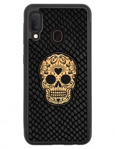 Etui premium skórzane, case na smartfon SAMSUNG GALAXY A20E. Skóra iguana czarna ze złotą czaszką.