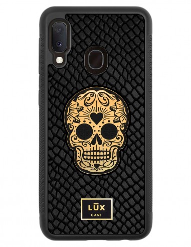 Etui premium skórzane, case na smartfon SAMSUNG GALAXY A20E. Skóra iguana czarna ze złotą blaszką i czaszką.