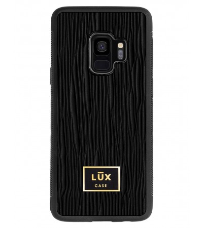 Etui premium skórzane, case na smartfon SAMSUNG GALAXY S9. Skóra lizard czarna ze złotą blaszką.