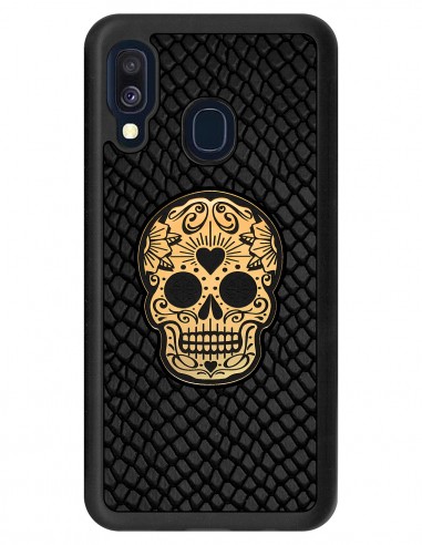 Etui premium skórzane, case na smartfon SAMSUNG GALAXY A40. Skóra iguana czarna ze złotą czaszką.