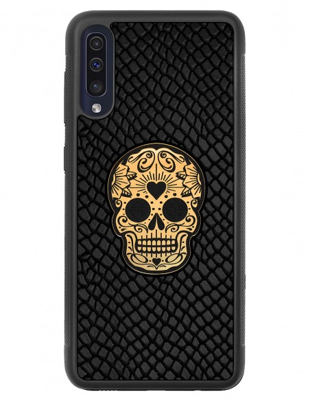 Etui premium skórzane, case na smartfon SAMSUNG GALAXY A50. Skóra iguana czarna ze złotą czaszką.