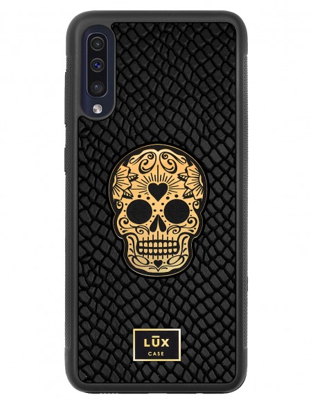 Etui premium skórzane, case na smartfon SAMSUNG GALAXY A50. Skóra iguana czarna ze złotą blaszką i czaszką.