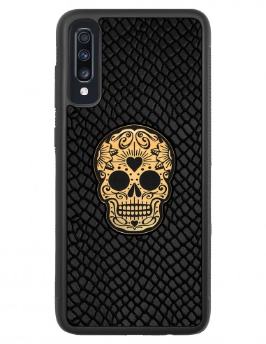 Etui premium skórzane, case na smartfon SAMSUNG GALAXY A70. Skóra iguana czarna ze złotą czaszką.