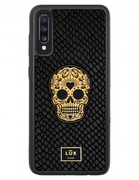 Etui premium skórzane, case na smartfon SAMSUNG GALAXY A70. Skóra iguana czarna ze złotą blaszką i czaszką.
