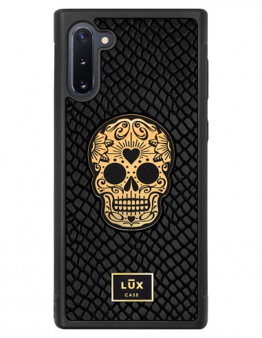 Etui premium skórzane, case na smartfon SAMSUNG GALAXY NOTE 10. Skóra iguana czarna ze złotą blaszką i czaszką.