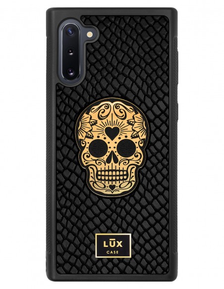 Etui premium skórzane, case na smartfon SAMSUNG GALAXY NOTE 10. Skóra iguana czarna ze złotą blaszką i czaszką.