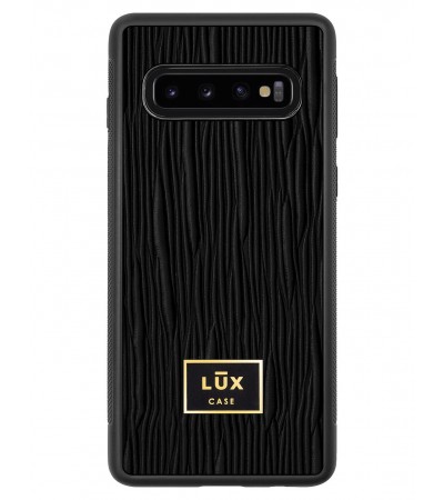 Etui premium skórzane, case na smartfon SAMSUNG GALAXY S10. Skóra lizard czarna ze złotą blaszką.