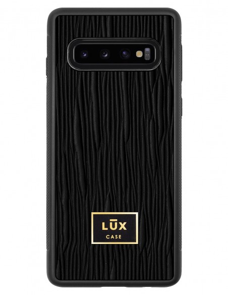 Etui premium skórzane, case na smartfon SAMSUNG GALAXY S10. Skóra lizard czarna ze złotą blaszką.