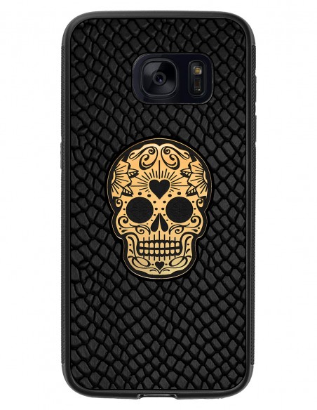 Etui premium skórzane, case na smartfon SAMSUNG GALAXY S7. Skóra iguana czarna ze złotą czaszką.