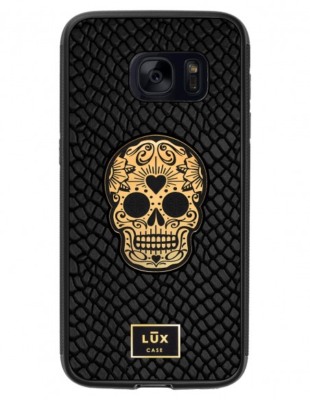 Etui premium skórzane, case na smartfon SAMSUNG GALAXY S7. Skóra iguana czarna ze złotą blaszką i czaszką.