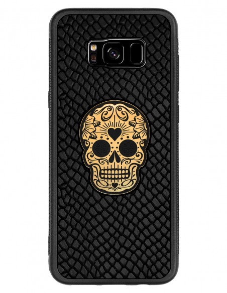 Etui premium skórzane, case na smartfon SAMSUNG GALAXY S8 PLUS. Skóra iguana czarna ze złotą czaszką.