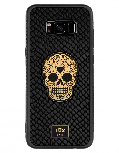 Etui premium skórzane, case na smartfon SAMSUNG GALAXY S8 PLUS. Skóra iguana czarna ze złotą blaszką i czaszką.