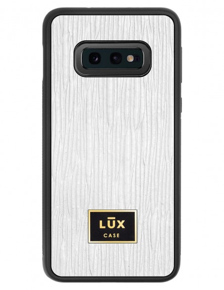 Etui premium skórzane, case na smartfon SAMSUNG GALAXY S10E. Skóra lizard biała ze złotą blaszką.