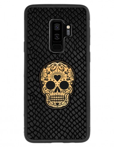 Etui premium skórzane, case na smartfon SAMSUNG GALAXY S9 PLUS. Skóra iguana czarna ze złotą czaszką.