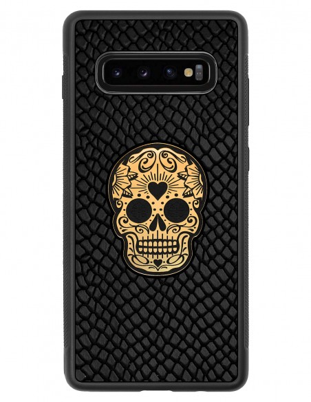 Etui premium skórzane, case na smartfon SAMSUNG GALAXY S10 PLUS. Skóra iguana czarna ze złotą czaszką.