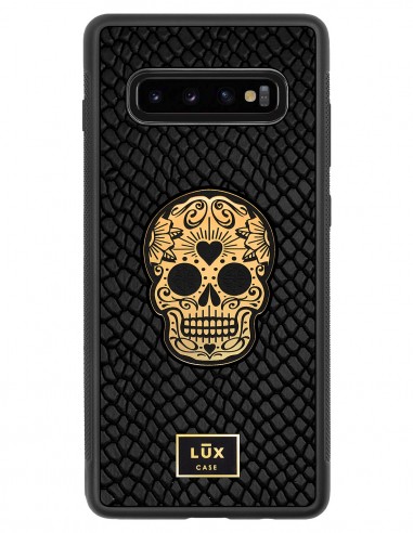 Etui premium skórzane, case na smartfon SAMSUNG GALAXY S10 PLUS. Skóra iguana czarna ze złotą blaszką i czaszką.
