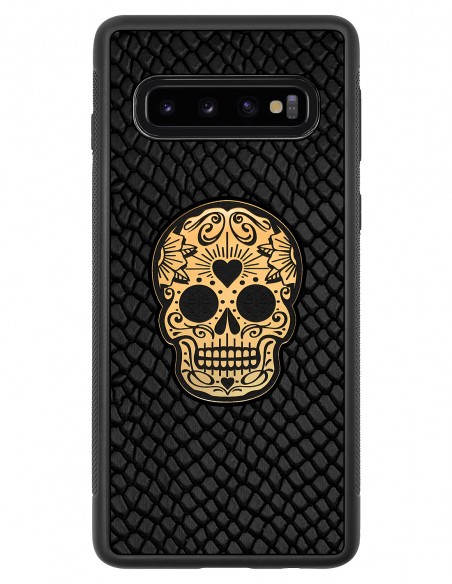 Etui premium skórzane, case na smartfon SAMSUNG GALAXY S10. Skóra iguana czarna ze złotą czaszką.