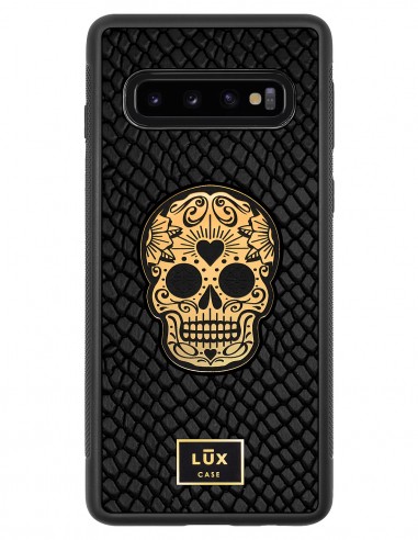Etui premium skórzane, case na smartfon SAMSUNG GALAXY S10. Skóra iguana czarna ze złotą blaszką i czaszką.