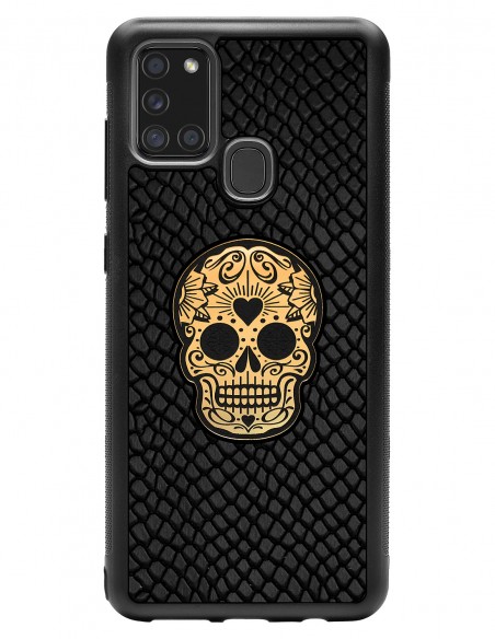 Etui premium skórzane, case na smartfon SAMSUNG GALAXY A21S. Skóra iguana czarna ze złotą czaszką.
