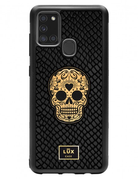 Etui premium skórzane, case na smartfon SAMSUNG GALAXY A21S. Skóra iguana czarna ze złotą blaszką i czaszką.