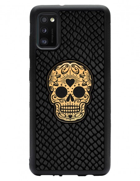 Etui premium skórzane, case na smartfon SAMSUNG GALAXY A41. Skóra iguana czarna ze złotą czaszką.