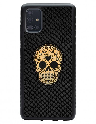 Etui premium skórzane, case na smartfon SAMSUNG GALAXY A51. Skóra iguana czarna ze złotą czaszką.