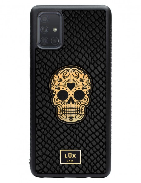 Etui premium skórzane, case na smartfon SAMSUNG GALAXY A71. Skóra iguana czarna ze złotą blaszką i czaszką.