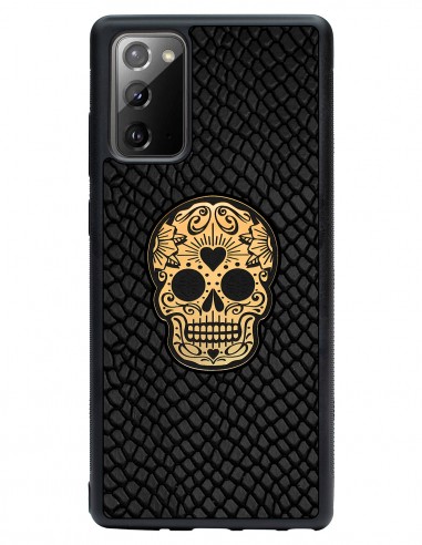 Etui premium skórzane, case na smartfon SAMSUNG GALAXY NOTE 20. Skóra iguana czarna ze złotą czaszką.