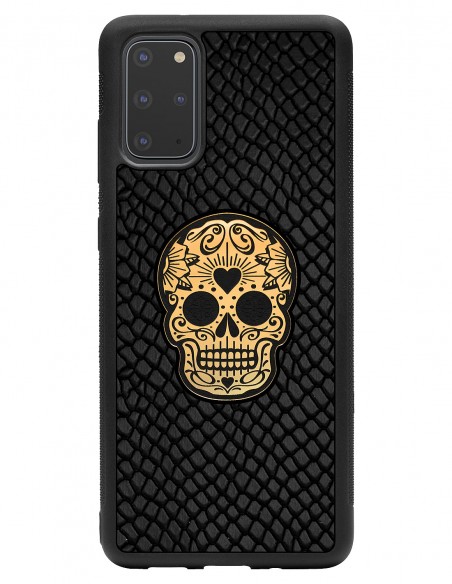 Etui premium skórzane, case na smartfon SAMSUNG GALAXY S20 PLUS. Skóra iguana czarna ze złotą czaszką.