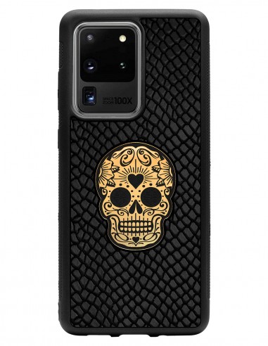 Etui premium skórzane, case na smartfon SAMSUNG GALAXY S20 ULTRA. Skóra iguana czarna ze złotą czaszką.