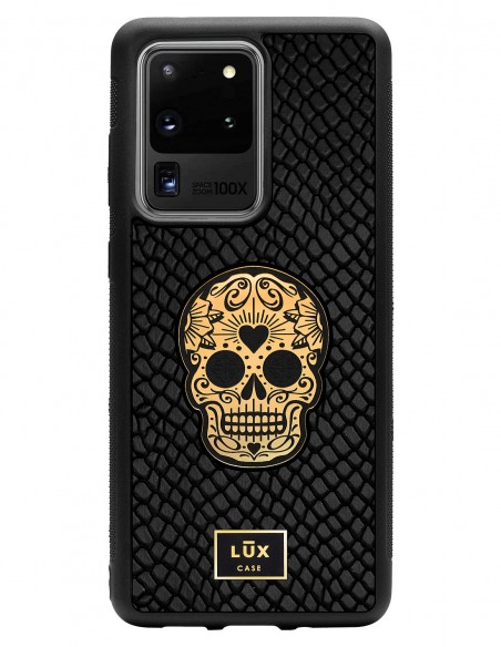 Etui premium skórzane, case na smartfon SAMSUNG GALAXY S20 ULTRA. Skóra iguana czarna ze złotą blaszką i czaszką.