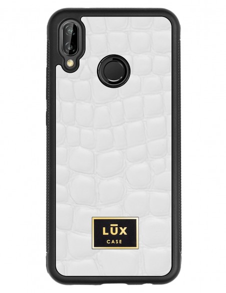 Etui premium skórzane, case na smartfon HUAWEI P20 LITE. Skóra crocodile biała ze złotą blaszką.