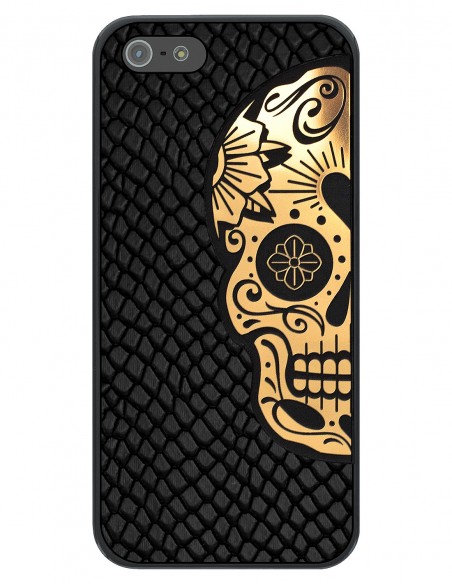 Etui premium skórzane, case na smartfon APPLE iPhone SE (2016). Skóra iguana czarna ze złotą czaszką.